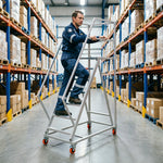 GROVIA Heavy Duty Mobile Platform Ladder with Safety Handrails, Anti-Slip Steps and Locking Wheels for Warehouse - Grey White