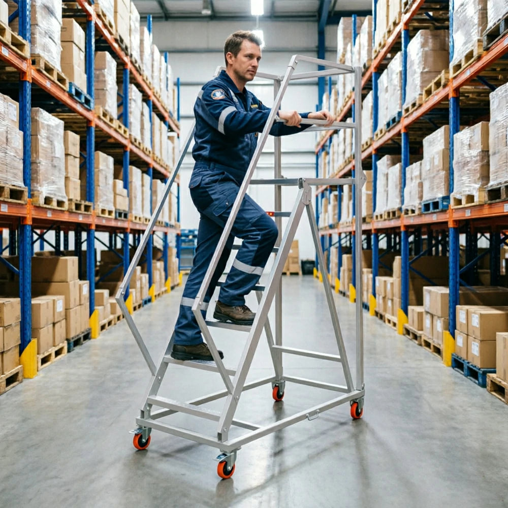 GROVIA Heavy Duty Mobile Platform Ladder with Safety Handrails, Anti-Slip Steps and Locking Wheels for Warehouse - Grey White