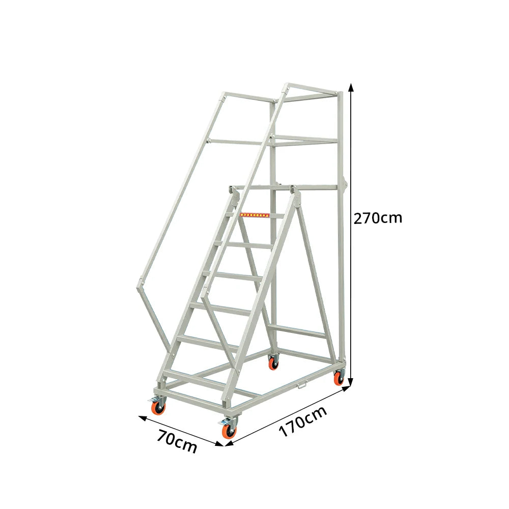 GROVIA Heavy Duty Mobile Platform Ladder with Safety Handrails, Anti-Slip Steps and Locking Wheels for Warehouse - Grey White