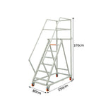 GROVIA Heavy Duty Mobile Platform Ladder with Safety Handrails, Anti-Slip Steps and Locking Wheels for Warehouse - Grey White