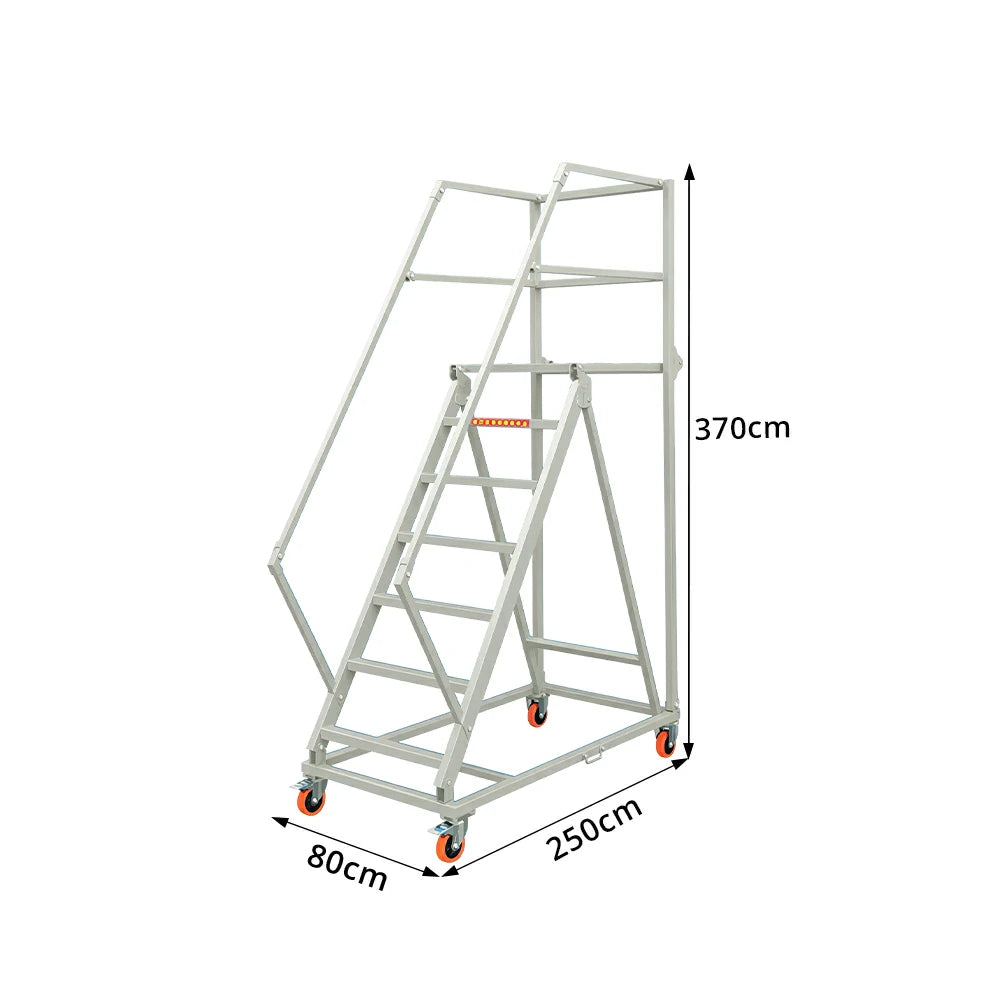 GROVIA Heavy Duty Mobile Platform Ladder with Safety Handrails, Anti-Slip Steps and Locking Wheels for Warehouse - Grey White