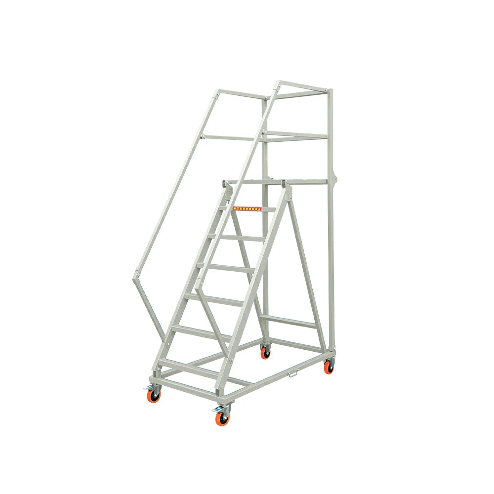 GROVIA Heavy Duty Mobile Platform Ladder with Safety Handrails, Anti-Slip Steps and Locking Wheels for Warehouse - Grey White