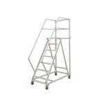 GROVIA Heavy Duty Mobile Platform Ladder with Safety Handrails, Anti-Slip Steps and Locking Wheels for Warehouse - Grey White