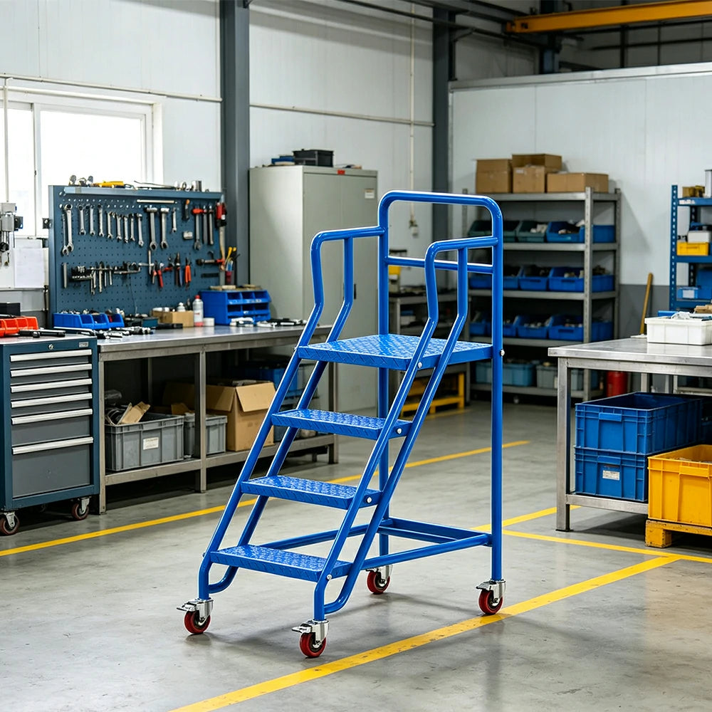GROVIA Heavy Duty Mobile Platform Ladder with Safety Handrails and Locking Wheels, 1.0m Platform Height - Blue