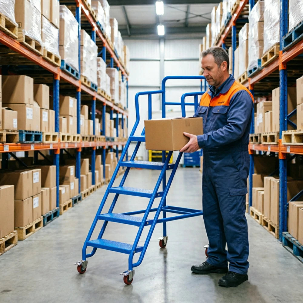 GROVIA Heavy Duty Mobile Platform Ladder with Safety Handrails and Locking Wheels, 1.0m Platform Height - Blue