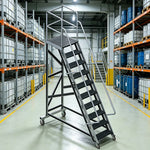 GROVIA Extra Thick Aluminium Alloy Mobile Platform Ladder with Safety Guardrails and Anti-Slip Steps for Warehouse - Black & Silver