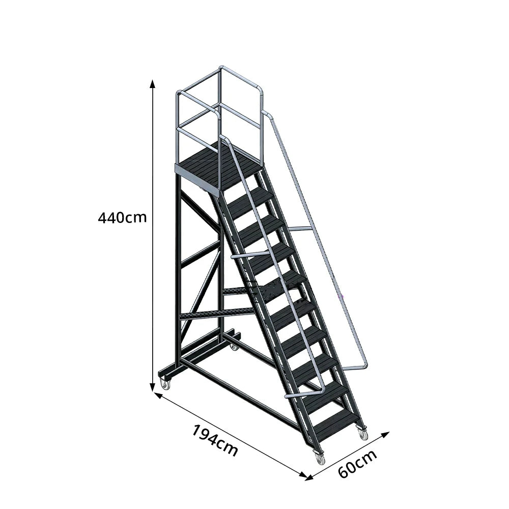 GROVIA Extra Thick Aluminium Alloy Mobile Platform Ladder with Safety Guardrails and Anti-Slip Steps for Warehouse - Black & Silver