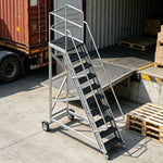 GROVIA Extra Thick Aluminium Alloy Mobile Platform Ladder with Safety Guardrails and Anti-Slip Steps for Warehouse - Black & Silver