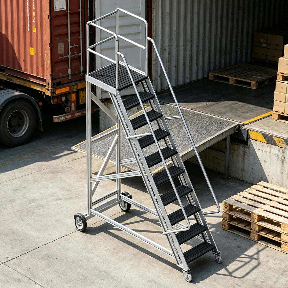 GROVIA Extra Thick Aluminium Alloy Mobile Platform Ladder with Safety Guardrails and Anti-Slip Steps for Warehouse - Black & Silver