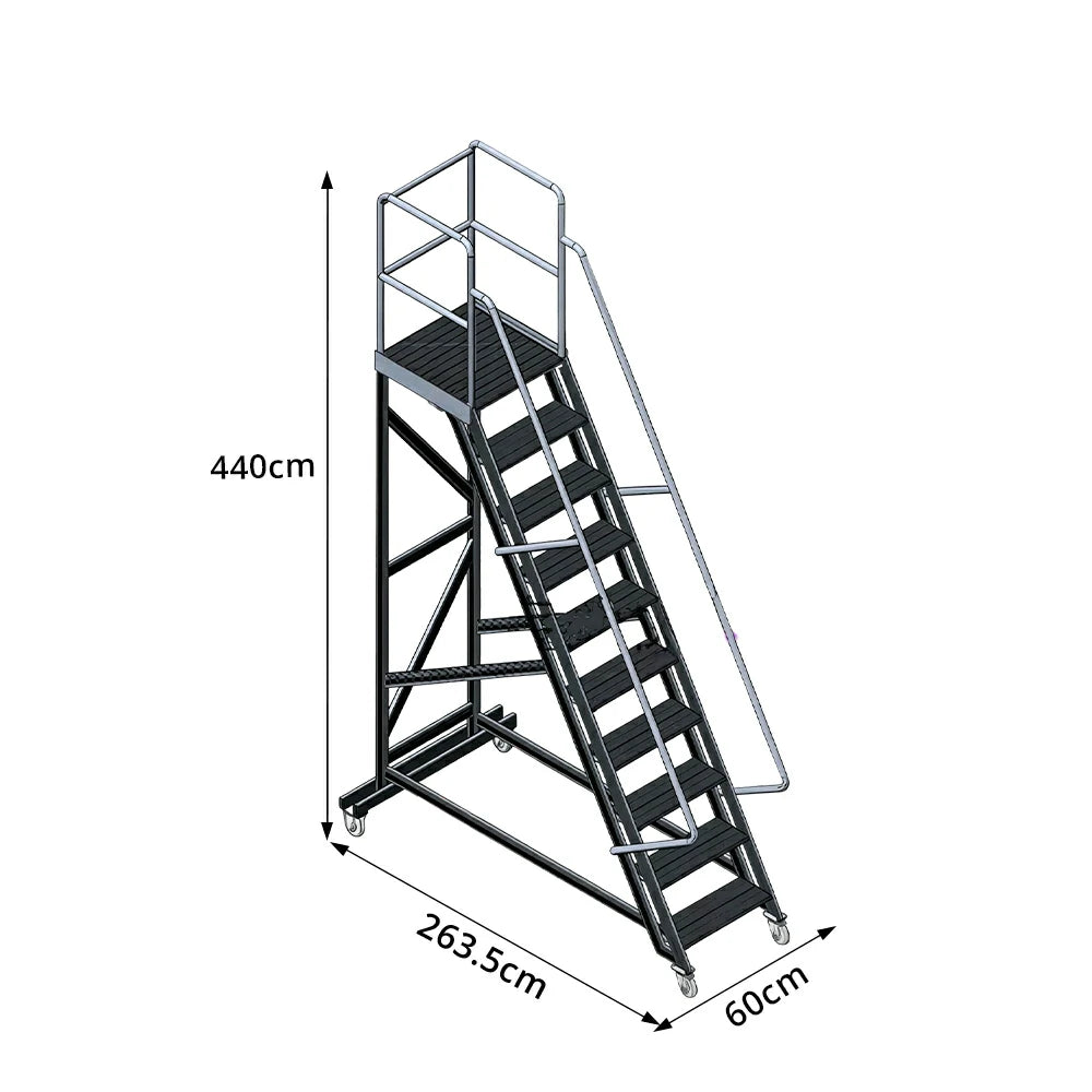 GROVIA Extra Thick Aluminium Alloy Mobile Platform Ladder with Safety Guardrails and Anti-Slip Steps for Warehouse - Black & Silver