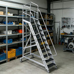 GROVIA Extra Thick Aluminium Alloy Mobile Platform Ladder with Safety Guardrails and Anti-Slip Steps for Warehouse - Black & Silver