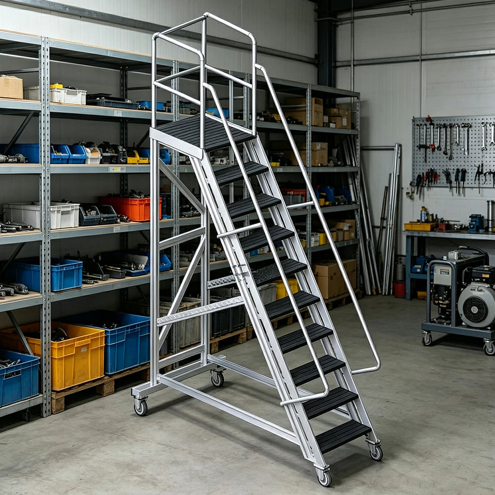 GROVIA Extra Thick Aluminium Alloy Mobile Platform Ladder with Safety Guardrails and Anti-Slip Steps for Warehouse - Black & Silver