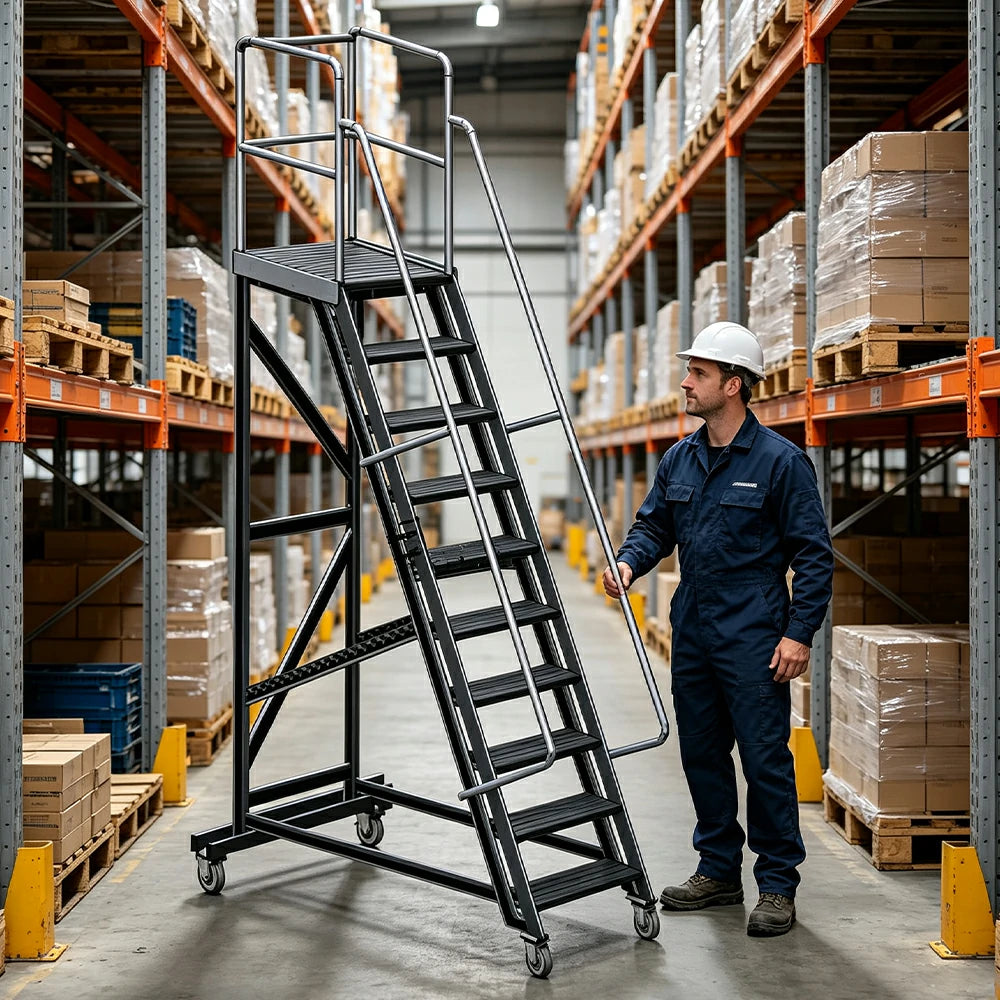 GROVIA Extra Thick Aluminium Alloy Mobile Platform Ladder with Safety Guardrails and Anti-Slip Steps for Warehouse - Black & Silver