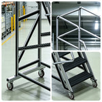 GROVIA Extra Thick Aluminium Alloy Mobile Platform Ladder with Safety Guardrails and Anti-Slip Steps for Warehouse - Black & Silver