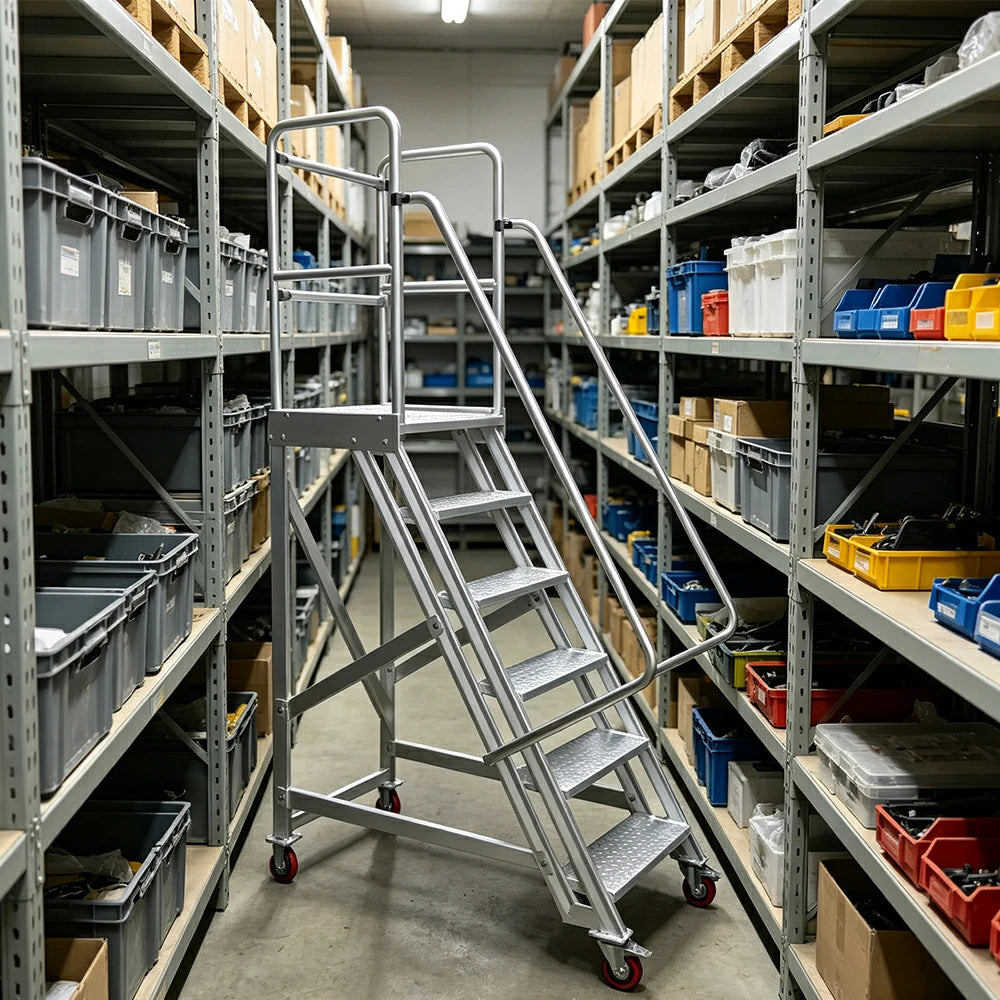 GROVIA Heavy-Duty Aluminium Mobile Platform Ladder with Guardrails and Brake Wheels 1.5m Platform Height for Warehouse Industrial Use - Silver