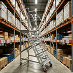 GROVIA Heavy-Duty Aluminium Mobile Platform Ladder with Guardrails and Brake Wheels 1.5m Platform Height for Warehouse Industrial Use - Silver