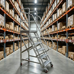 GROVIA Heavy-Duty Aluminium Mobile Platform Ladder with Guardrails and Brake Wheels 1.5m Platform Height for Warehouse Industrial Use - Silver