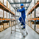 GROVIA Heavy-Duty Aluminium Mobile Platform Ladder with Guardrails and Brake Wheels 1.5m Platform Height for Warehouse Industrial Use - Silver