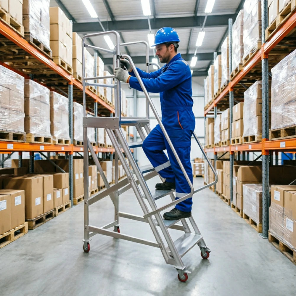 GROVIA Heavy-Duty Aluminium Mobile Platform Ladder with Guardrails and Brake Wheels 1.5m Platform Height for Warehouse Industrial Use - Silver