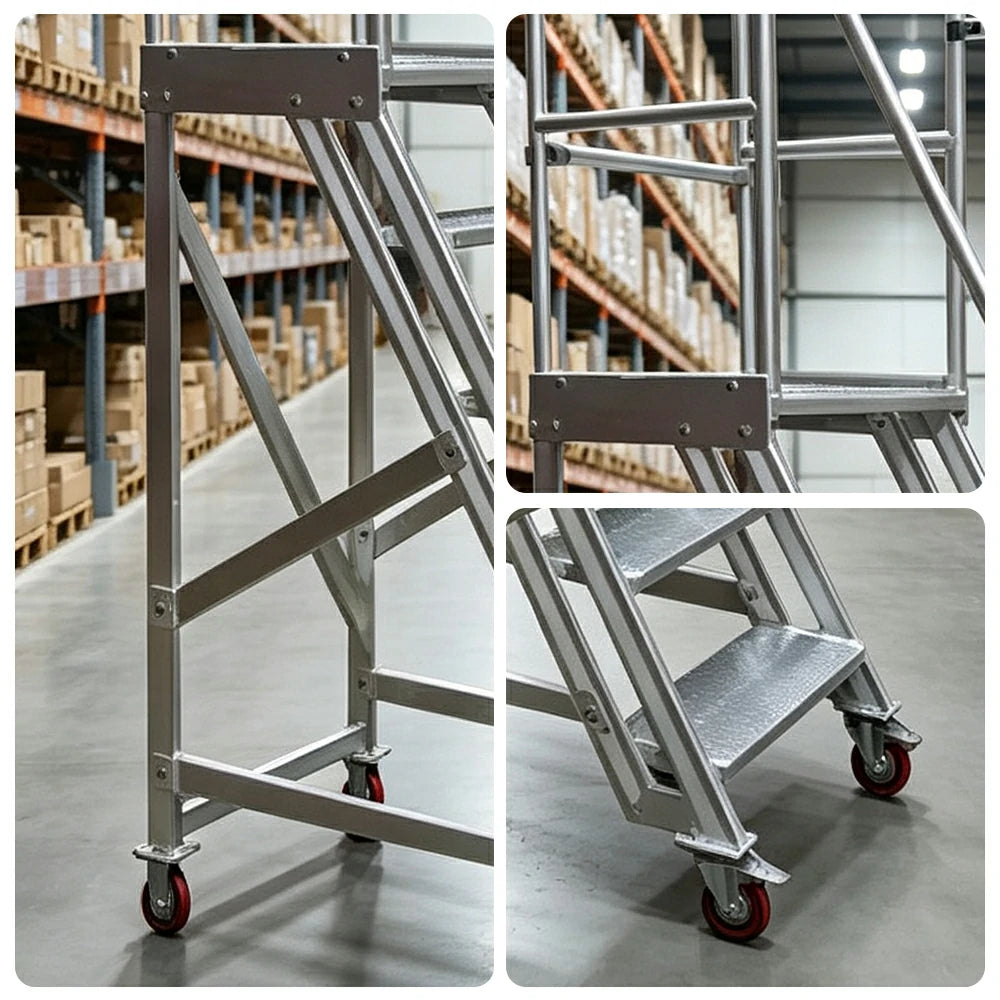 GROVIA Heavy-Duty Aluminium Mobile Platform Ladder with Guardrails and Brake Wheels 1.5m Platform Height for Warehouse Industrial Use - Silver