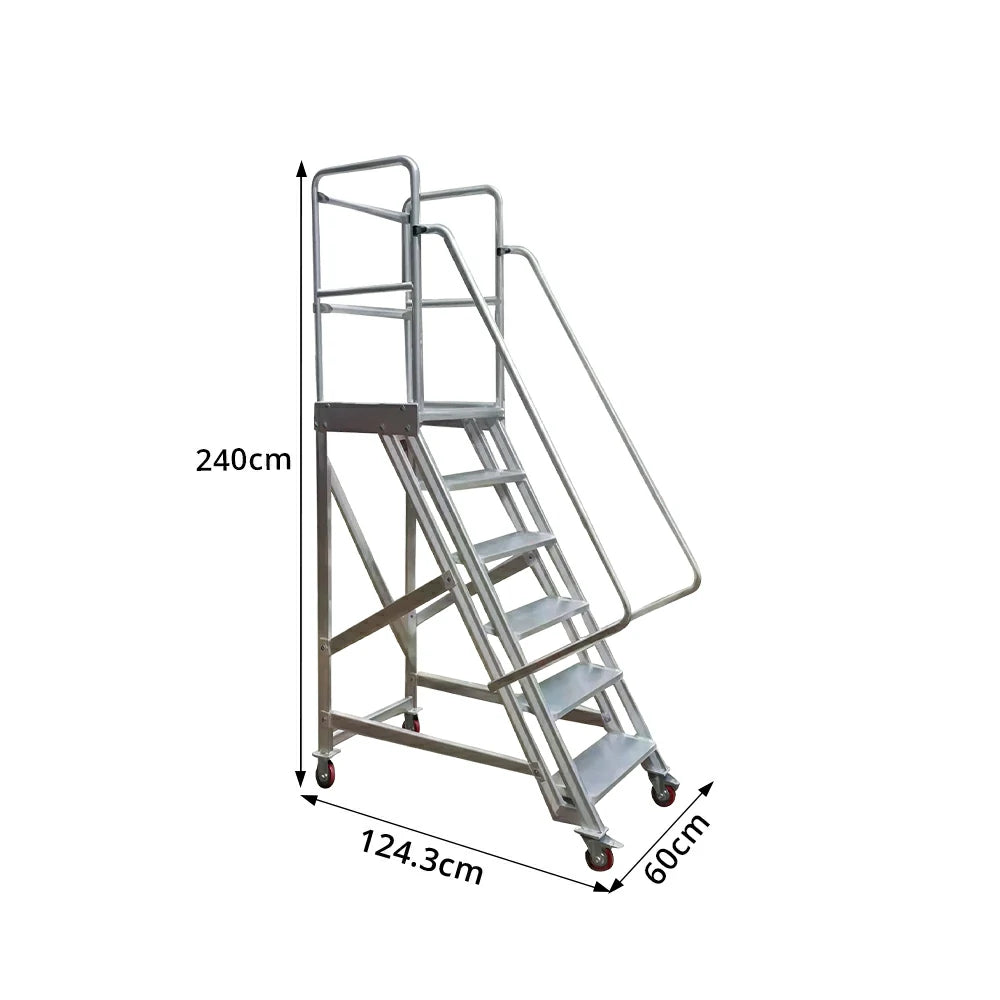 GROVIA Heavy-Duty Aluminium Mobile Platform Ladder with Guardrails and Brake Wheels 1.5m Platform Height for Warehouse Industrial Use - Silver