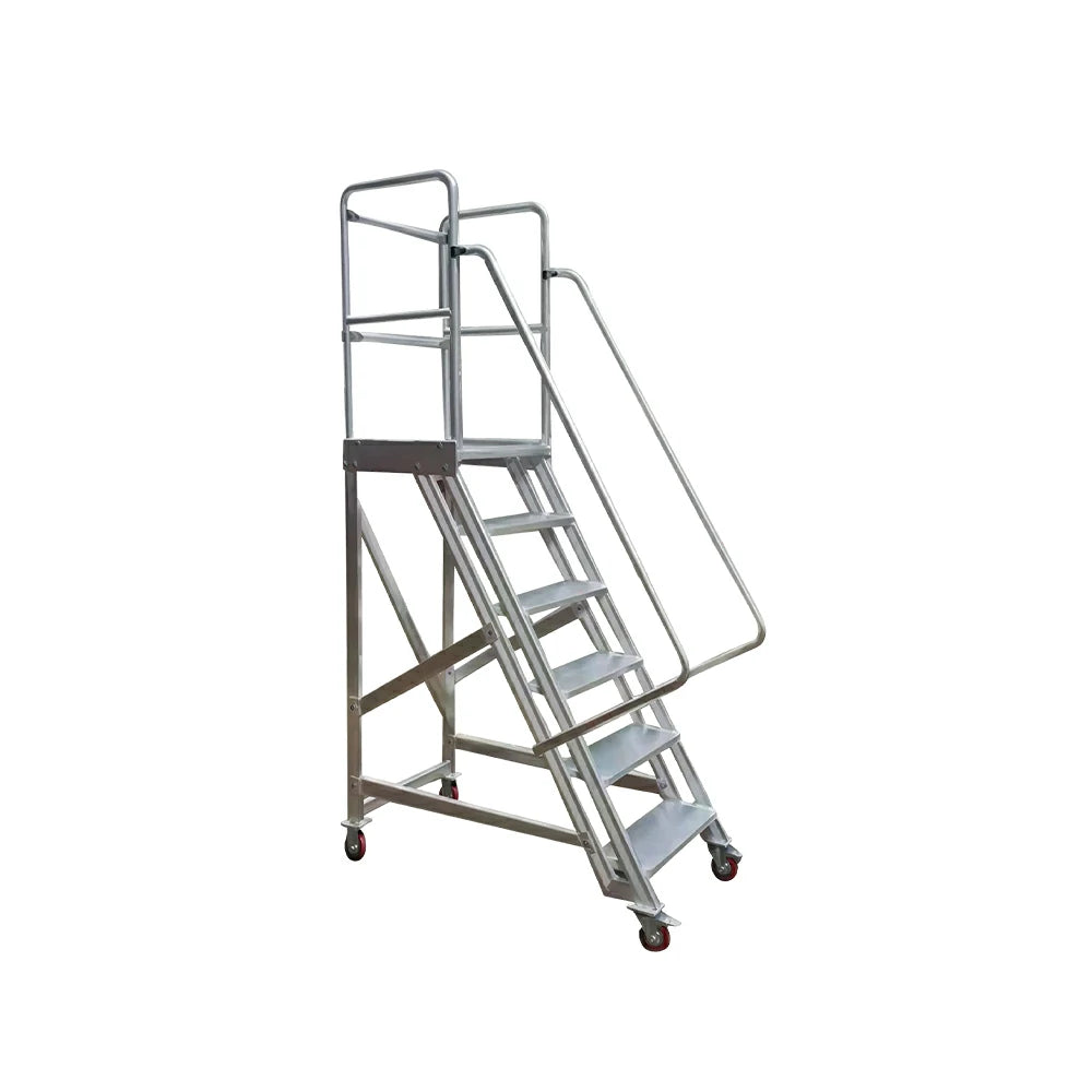 GROVIA Heavy-Duty Aluminium Mobile Platform Ladder with Guardrails and Brake Wheels 1.5m Platform Height for Warehouse Industrial Use - Silver
