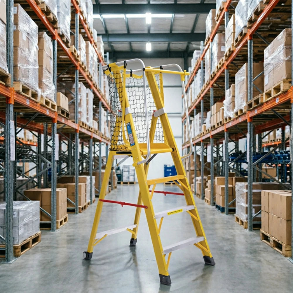 GROVIA 4 Step Fibreglass Platform Ladder with Safety Guardrail 2m for Warehouse and Industrial Use - Yellow