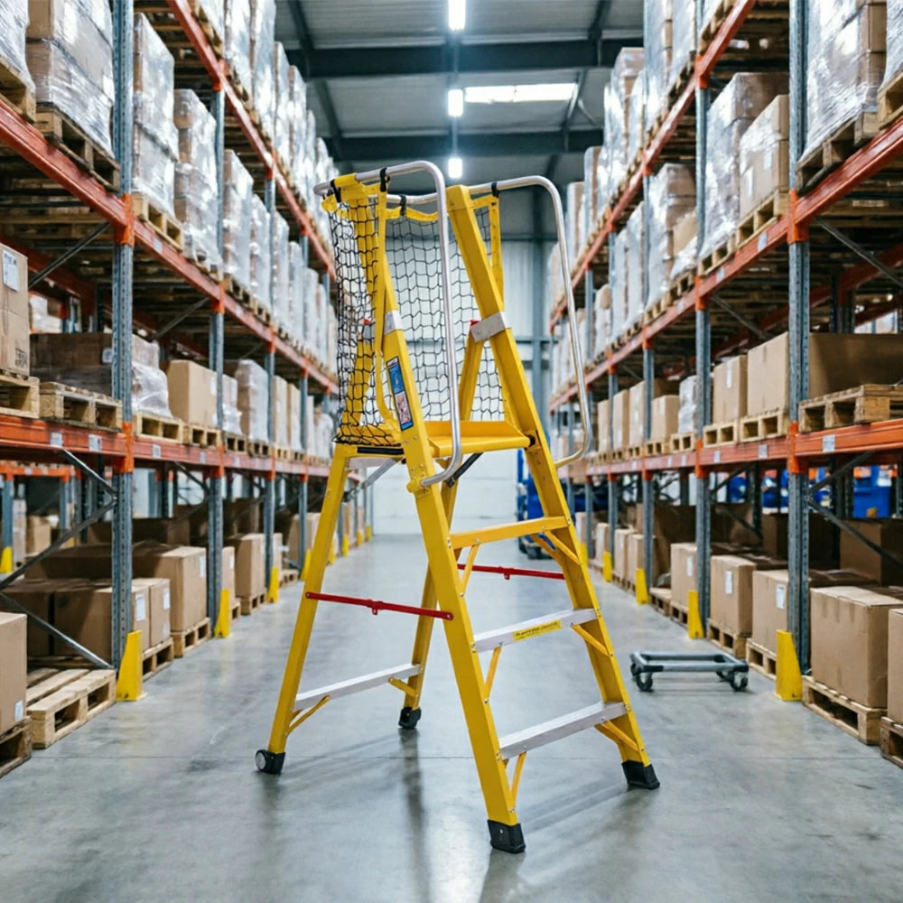GROVIA 4 Step Fibreglass Platform Ladder with Safety Guardrail 2m for Warehouse and Industrial Use - Yellow
