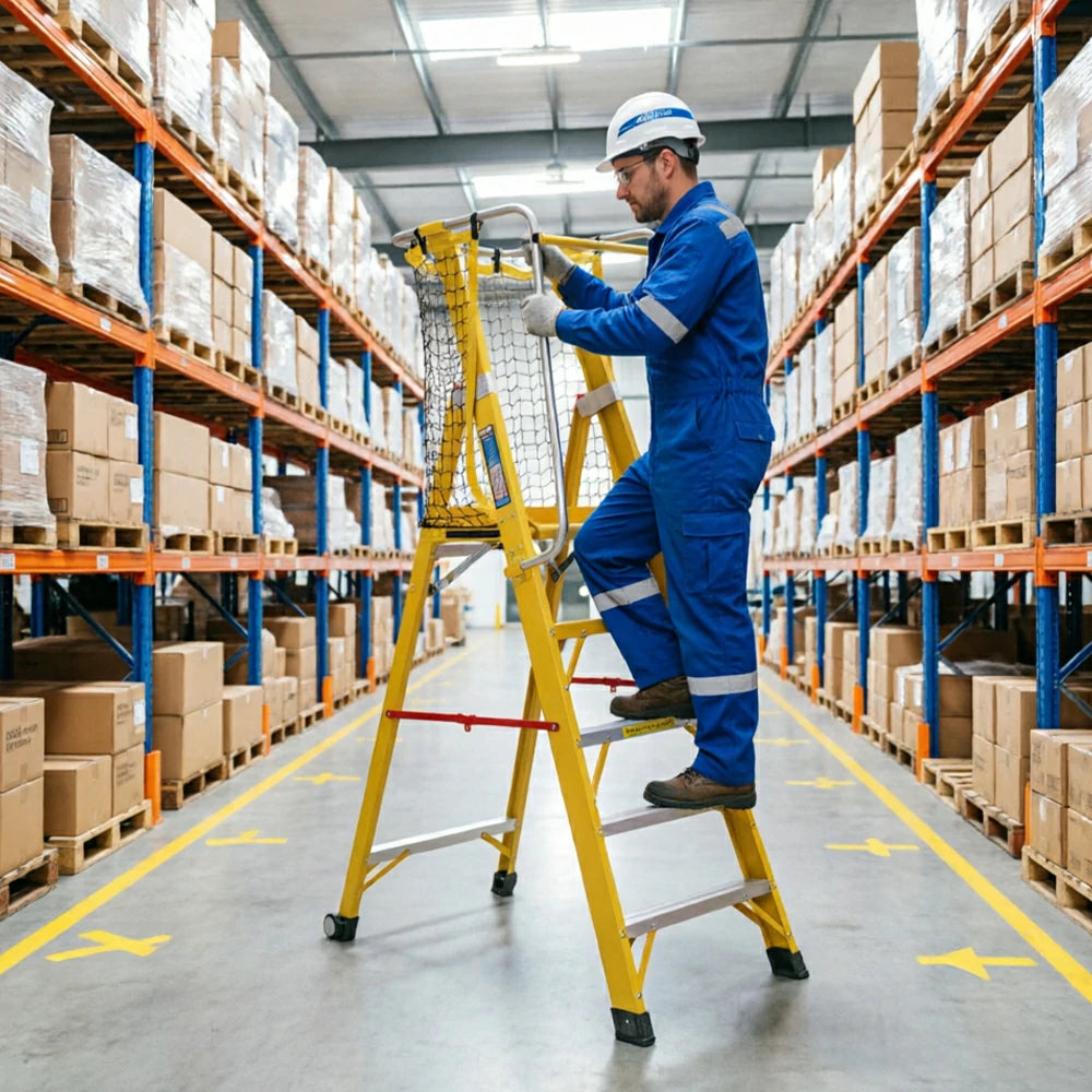 GROVIA 4 Step Fibreglass Platform Ladder with Safety Guardrail 2m for Warehouse and Industrial Use - Yellow