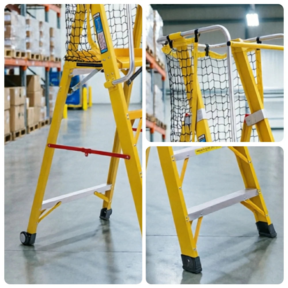 GROVIA 4 Step Fibreglass Platform Ladder with Safety Guardrail 2m for Warehouse and Industrial Use - Yellow
