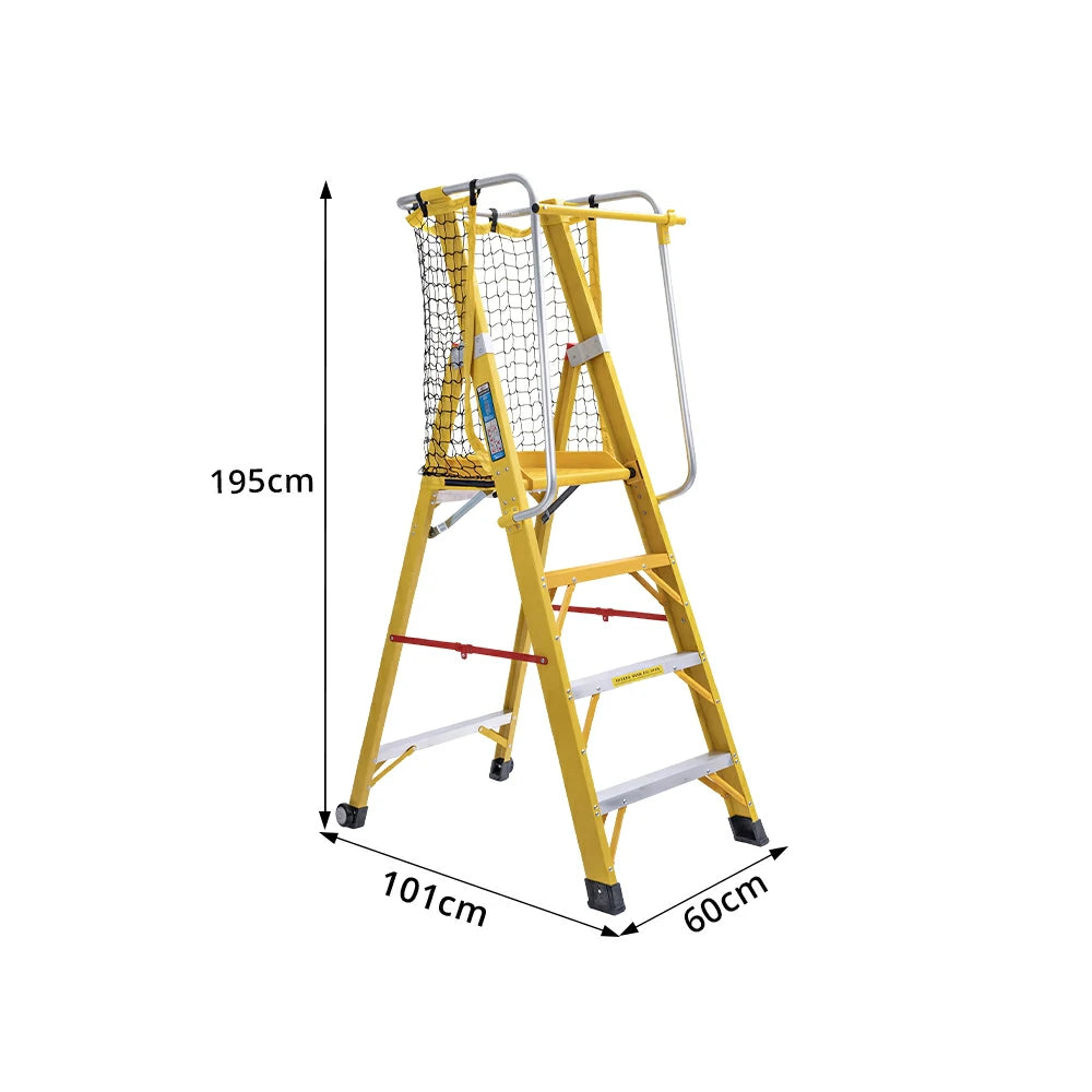 GROVIA 4 Step Fibreglass Platform Ladder with Safety Guardrail 2m for Warehouse and Industrial Use - Yellow