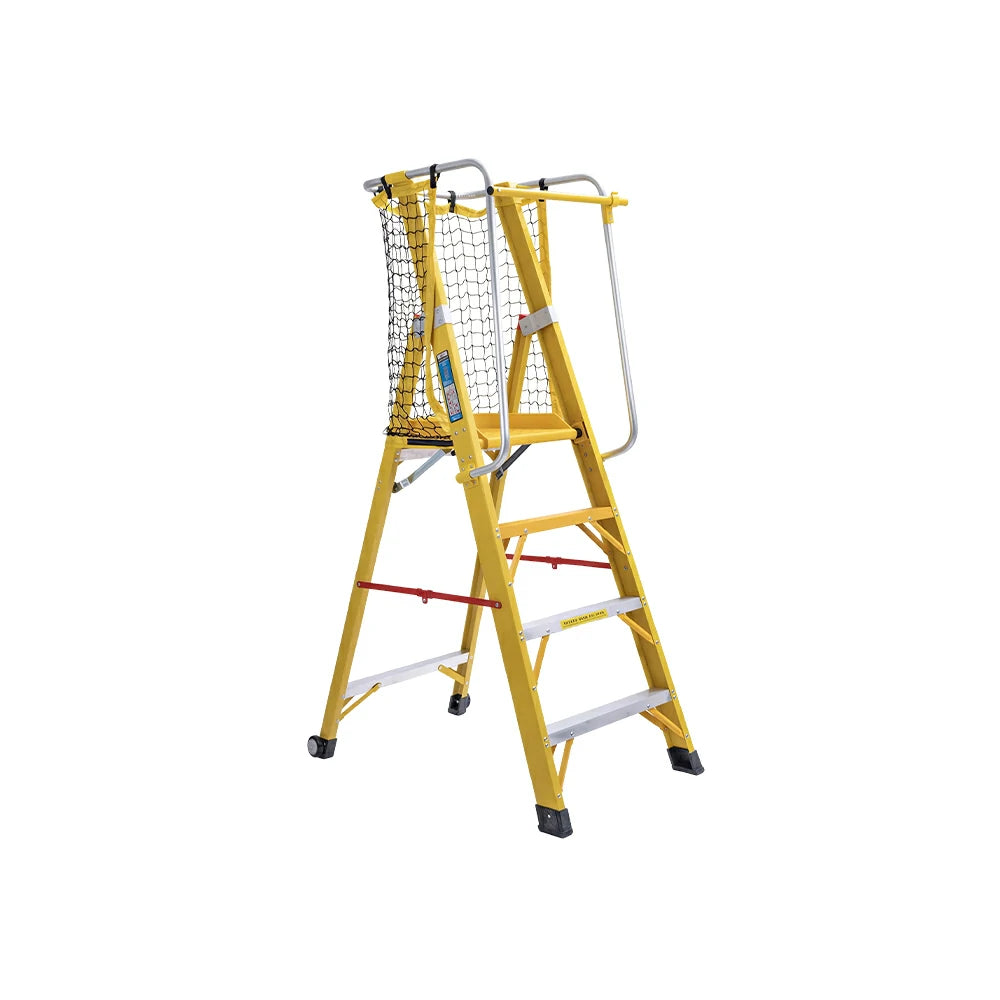 GROVIA 4 Step Fibreglass Platform Ladder with Safety Guardrail 2m for Warehouse and Industrial Use - Yellow