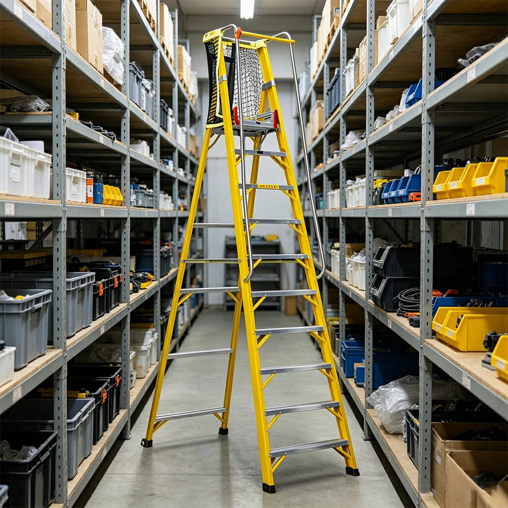 GROVIA 10 Step Fibreglass Platform Ladder with Safety Guardrail 3.8m for Electrical and Industrial Use - Yellow