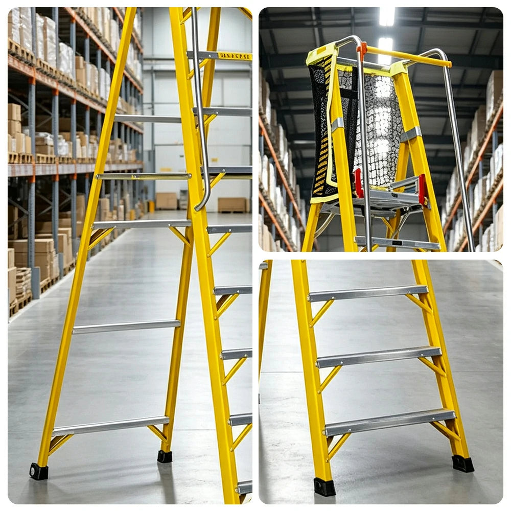 GROVIA 10 Step Fibreglass Platform Ladder with Safety Guardrail 3.8m for Electrical and Industrial Use - Yellow