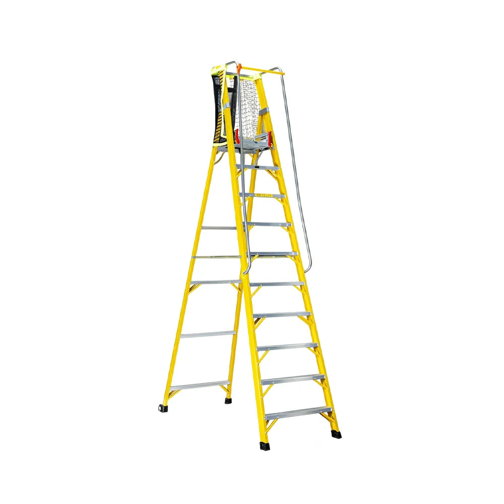 GROVIA 10 Step Fibreglass Platform Ladder with Safety Guardrail 3.8m for Electrical and Industrial Use - Yellow