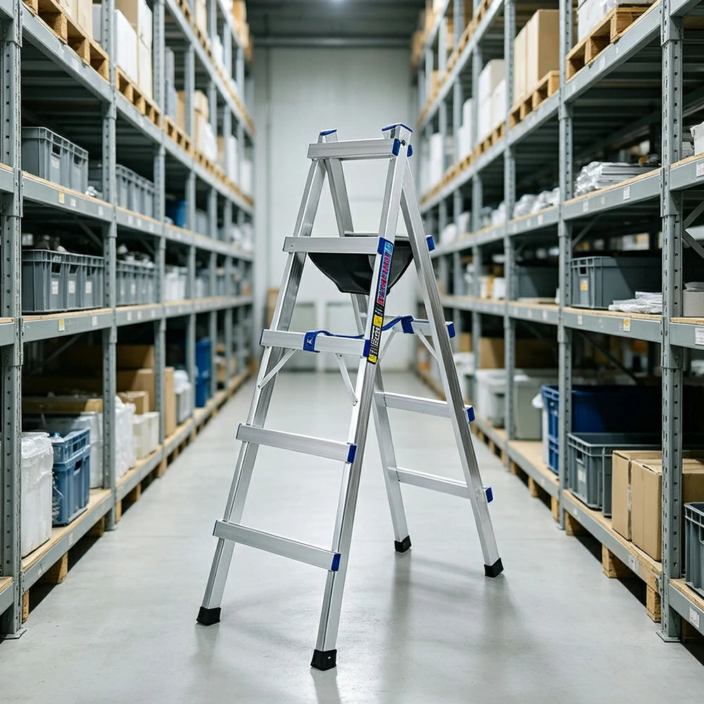 GROVIA Reinforced Aluminium A-Frame Step Ladder with Tool Tray 1.62m for Home and Commercial Use - Silver