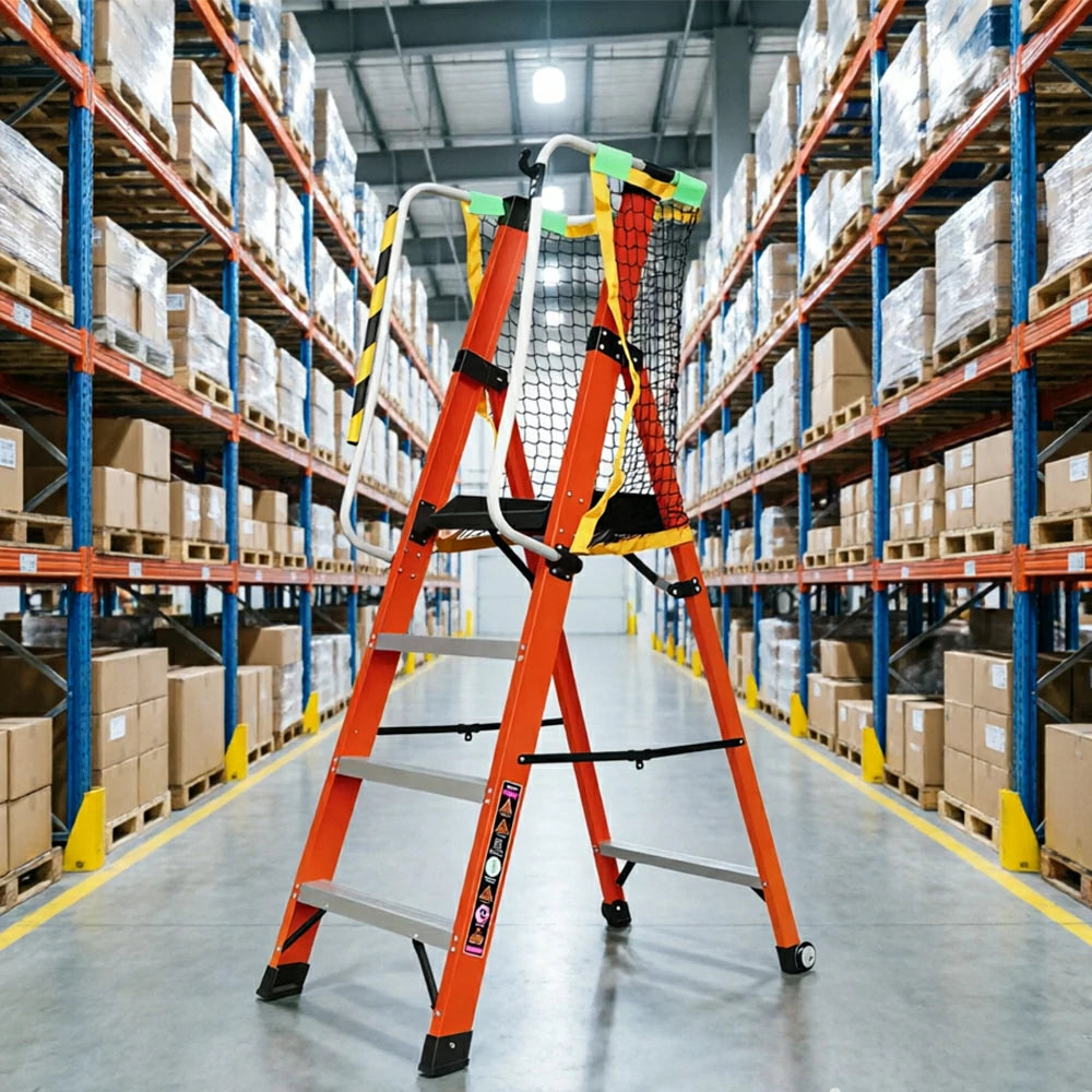 GROVIA 6 Step Fibreglass Platform Ladder with Safety Handrails for Electrical and Industrial Use - Red