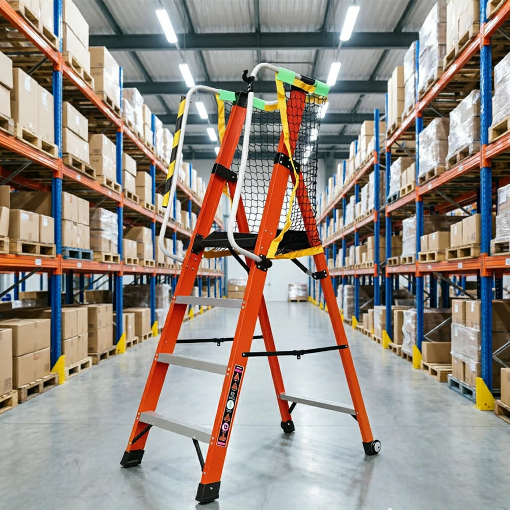 GROVIA 6 Step Fibreglass Platform Ladder with Safety Handrails for Electrical and Industrial Use - Red