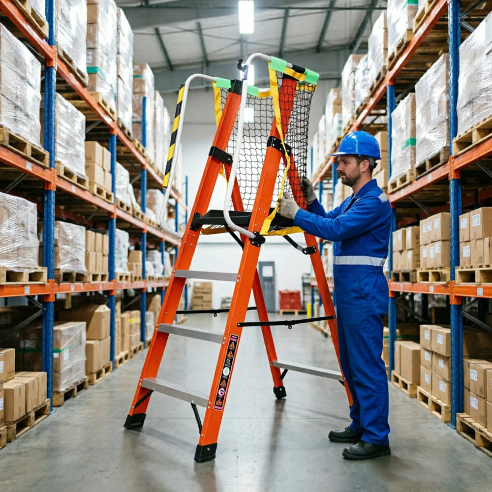 GROVIA 6 Step Fibreglass Platform Ladder with Safety Handrails for Electrical and Industrial Use - Red