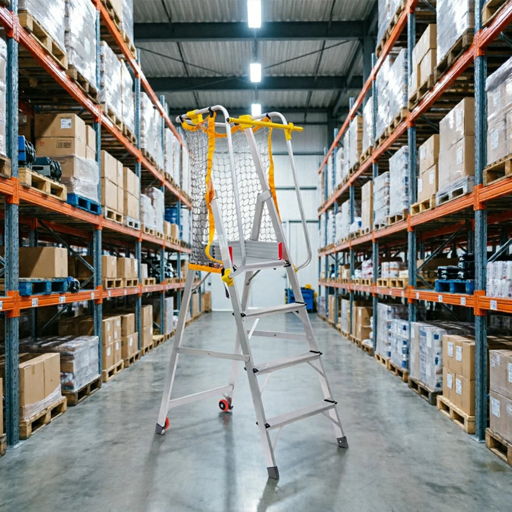GROVIA 4 Step Aluminium Platform Ladder with Safety Guardrails and Wheels 2.1m, 111cm Platform Height - Silver