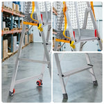 GROVIA 4 Step Aluminium Platform Ladder with Safety Guardrails and Wheels 2.1m, 111cm Platform Height - Silver