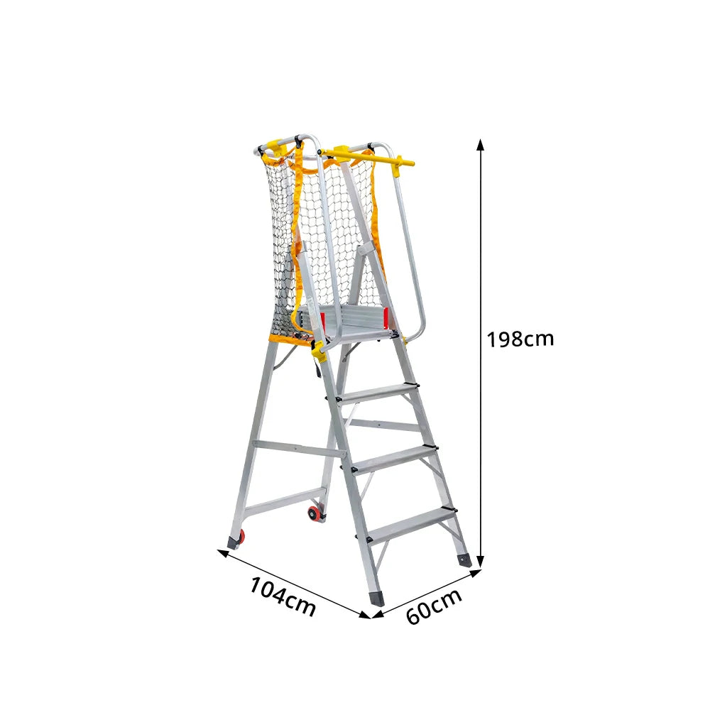 GROVIA 4 Step Aluminium Platform Ladder with Safety Guardrails and Wheels 2.1m, 111cm Platform Height - Silver