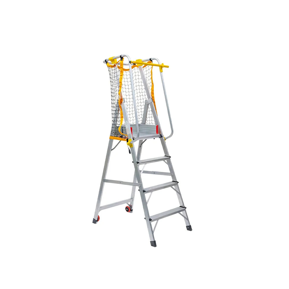 GROVIA 4 Step Aluminium Platform Ladder with Safety Guardrails and Wheels 2.1m, 111cm Platform Height - Silver