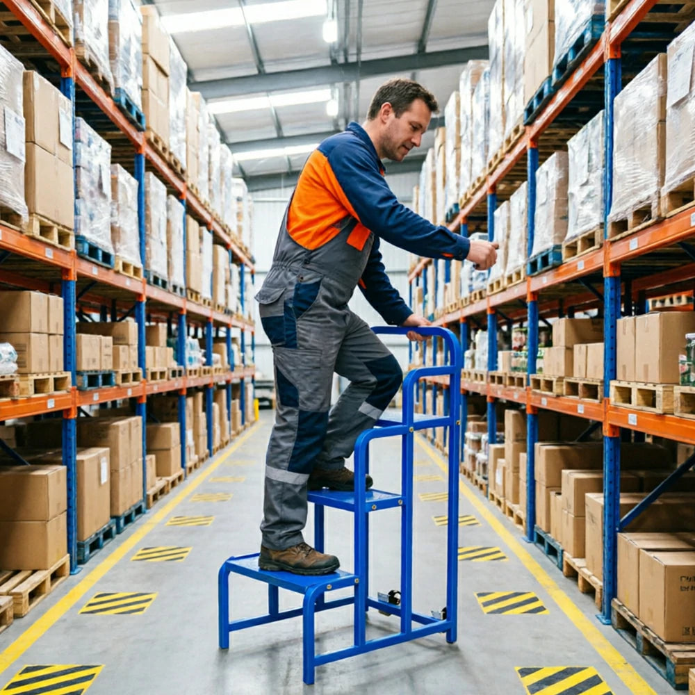 GROVIA 3 Step Detachable Platform Ladder with Safety Handrails 0.75m Platform Height for Warehouse Use - Blue