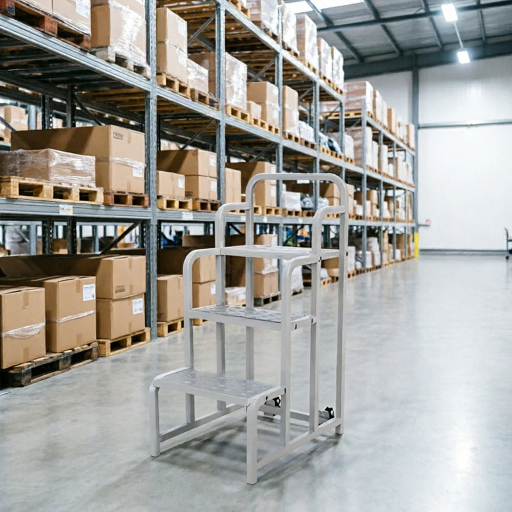 GROVIA 3 Step Detachable Platform Ladder with Safety Handrails 0.75m Platform Height for Warehouse Use - White