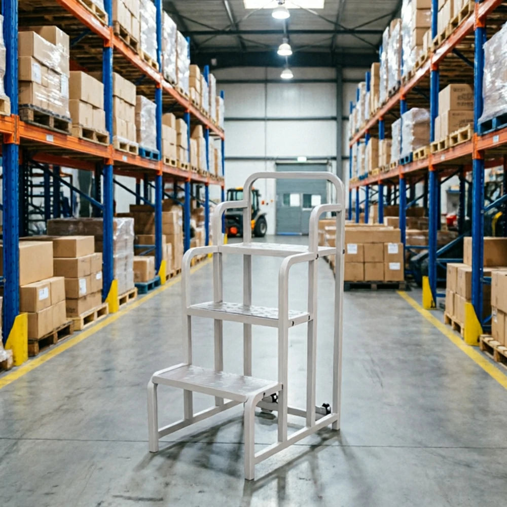 GROVIA 3 Step Detachable Platform Ladder with Safety Handrails 0.75m Platform Height for Warehouse Use - White