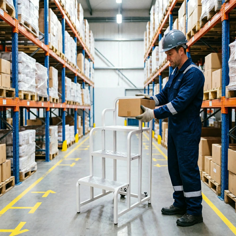 GROVIA 3 Step Detachable Platform Ladder with Safety Handrails 0.75m Platform Height for Warehouse Use - White