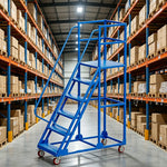 GROVIA 6 Step Mobile Steel Platform Ladder with Safety Guardrails 1.5m Platform Height for Warehouse Use - Blue