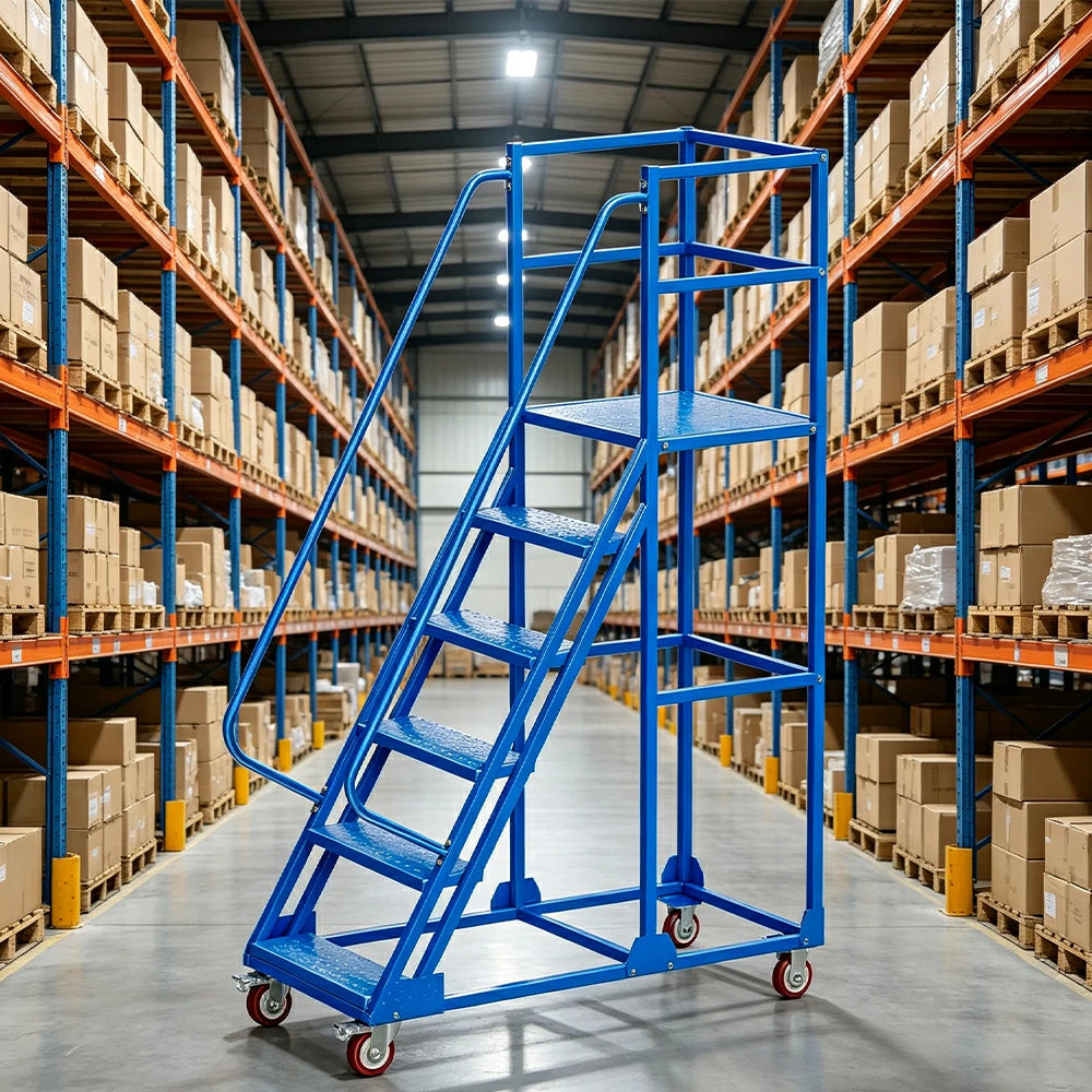 GROVIA 6 Step Mobile Steel Platform Ladder with Safety Guardrails 1.5m Platform Height for Warehouse Use - Blue