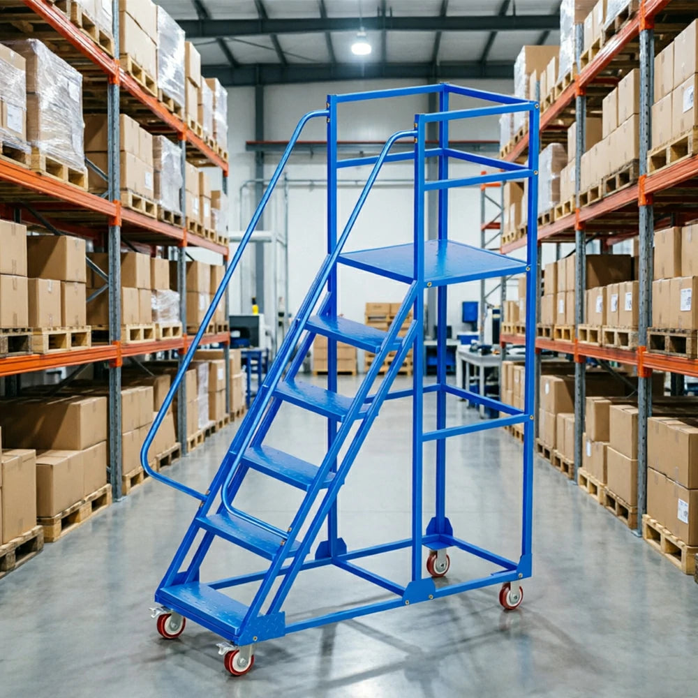 GROVIA 6 Step Mobile Steel Platform Ladder with Safety Guardrails 1.5m Platform Height for Warehouse Use - Blue